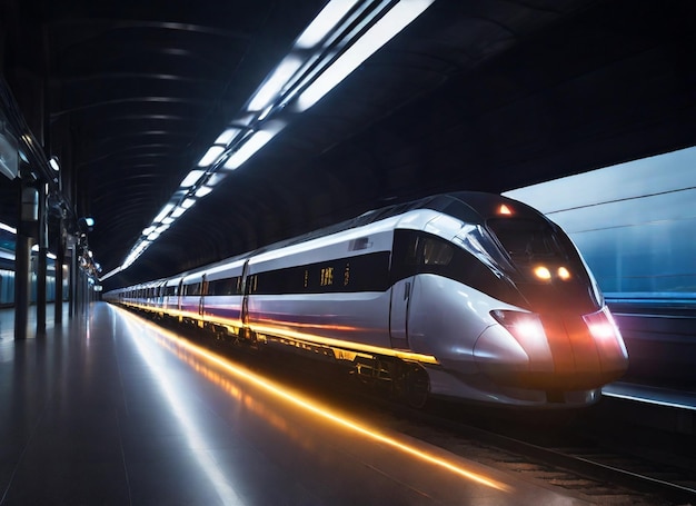 a bullet train is going through a tunnel with lights on the ceiling