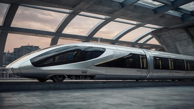 a bullet train is on the track with a sky background