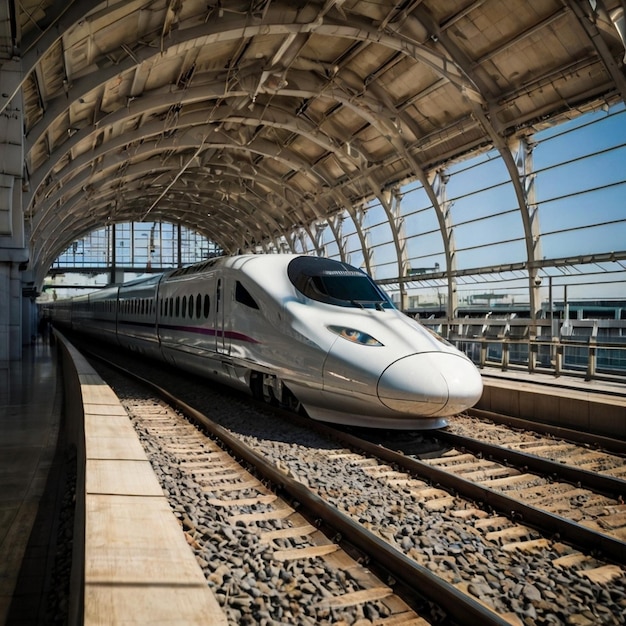 Photo a bullet train is on the tracks in a station