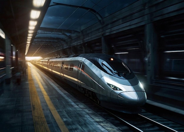 a bullet train is on the tracks in a tunnel