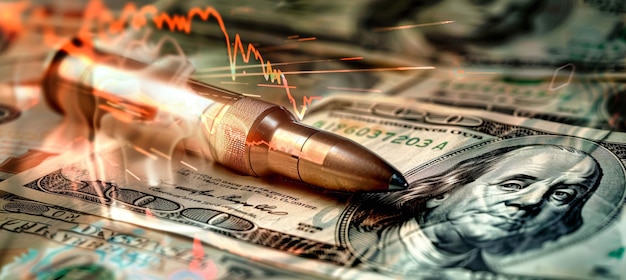 A bullet with smoke trails over a stack of American dollar bills showcasing a stock market graph plummeting downwards