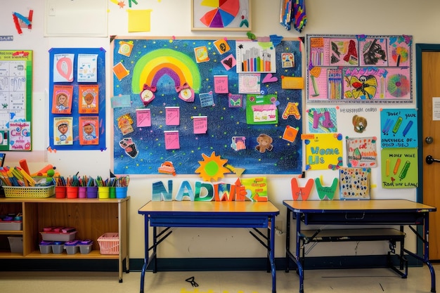 Photo a bulletin board in a classroom filled with colorful student artwork and welcome messages