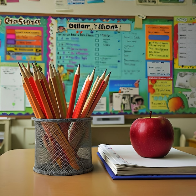 Photo a bulletin board with a red apple on it and a cup of pencils on it