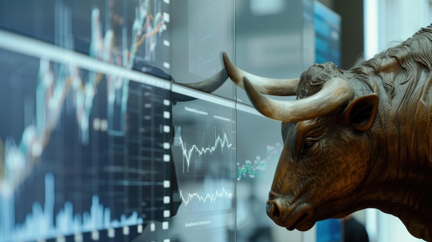 Photo bullish market indicator with a bronze bull statue