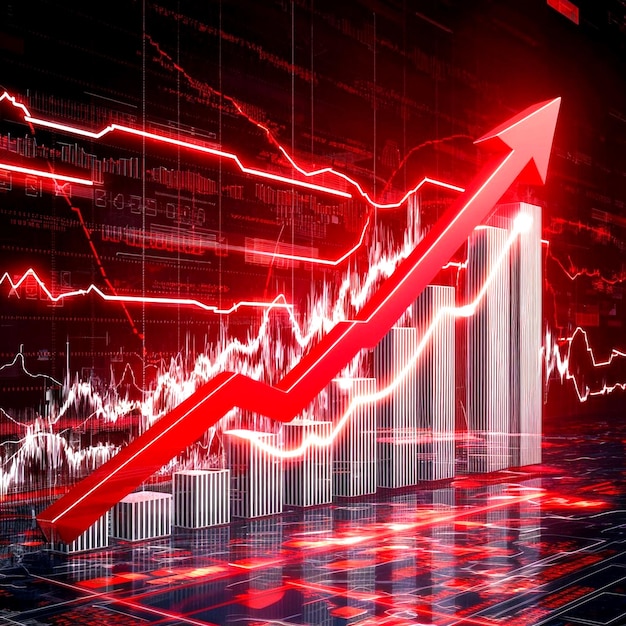 Bullish Momentum 3D Business Graphs and Red Arrows in Finance