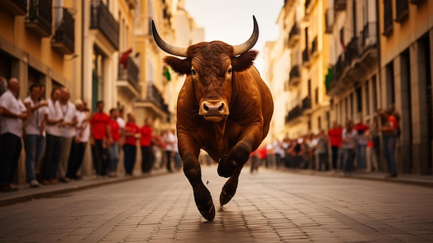 Bulls are running in street during festival in Spain