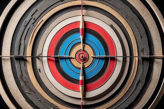 Bullseye or Dart Board with Three Dart Arrows Hitting the Center for Targeting