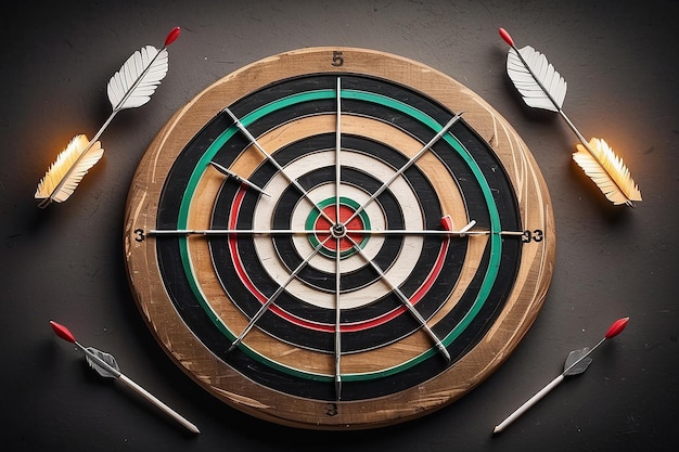 Bullseye or Dart Board with Three Dart Arrows Hitting the Center for Targeting