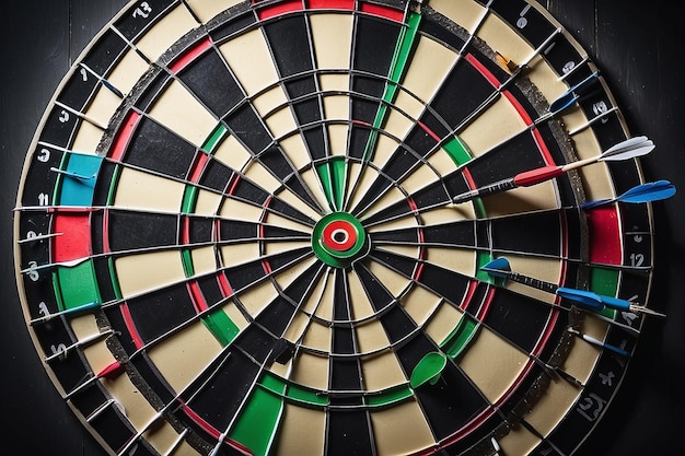 Bullseye or Dart Board with Three Dart Arrows Hitting the Center for Targeting