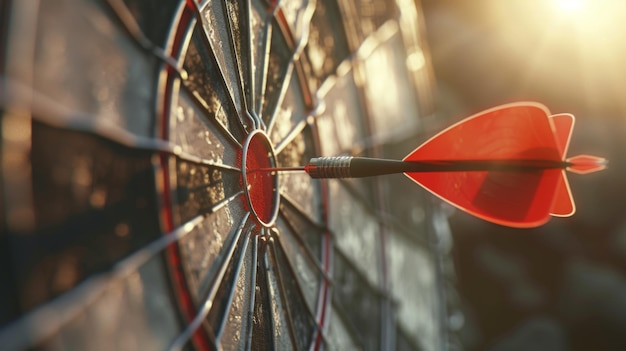 Photo bullseye target dart board red dart arrow hitting center shooting for business and winning concepts