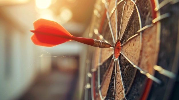 Photo bullseye target dart board red dart arrow hitting center shooting for business and winning concepts