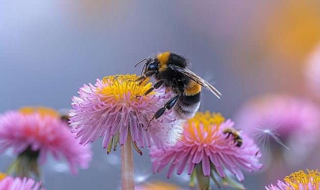 Bumblebee on Dandelion Puff transparent background PNG PSD