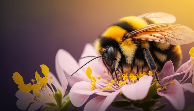 A bumblebee on a flower with a purple background