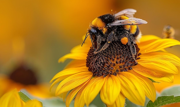 a bumblebee on a sunflower with a yellow background