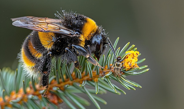 Photo a bumblebee with yellow wings is on a branch with a flower in the background