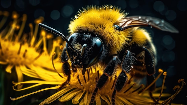 A bumblebee on a yellow flower with a black background