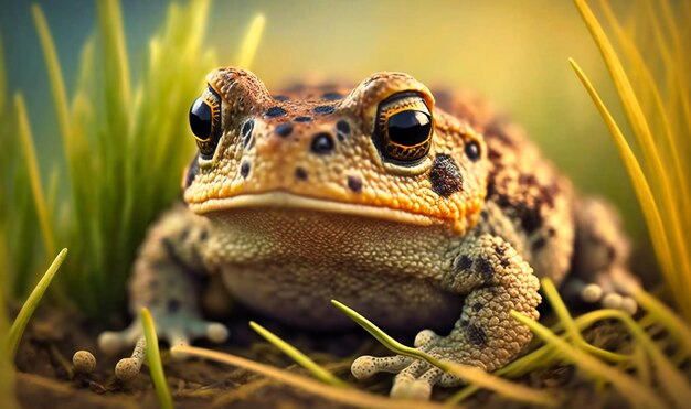 The bumpy texture of a toad's skin as it sits still in the grass