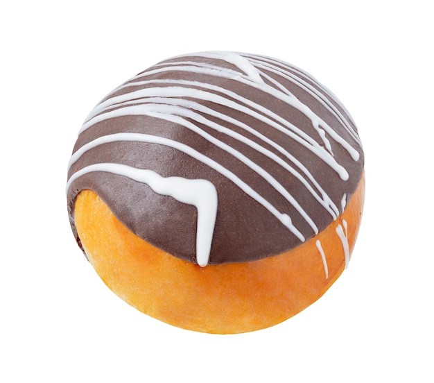 Bun with chocolate icing and white stripes isolated on white background with clipping path