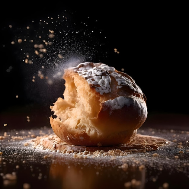 Bun with sesame seeds flying in the air on a black background