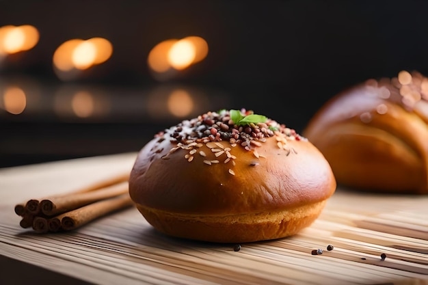 A bun with sprinkles on it sits on a wooden table.