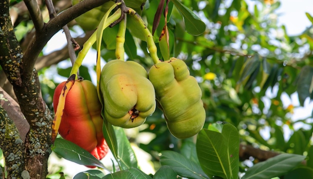 A bunch of Ackee on a tree in a garden with natural green blurred background