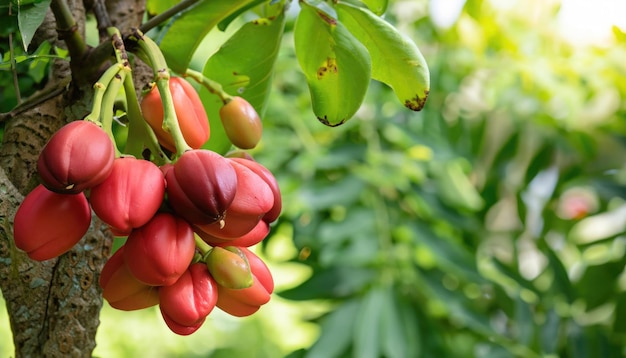 A bunch of Ackee on a tree in a garden with natural green blurred background