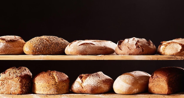 Bunch of appetizing freshly baked loaves of bread on wooden shelves against a black background.