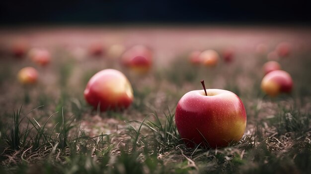 Photo a bunch of apples are in the grass with one being a stick out