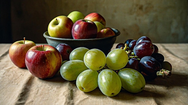 a bunch of apples and a bowl of fruit on a table