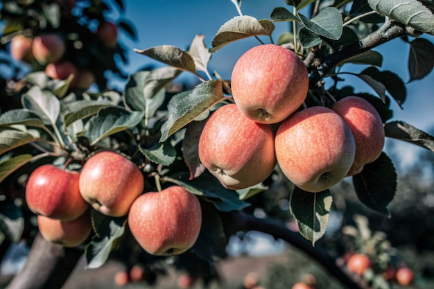 A bunch of apples hanging from a tree