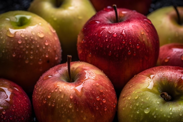 A bunch of apples with water droplets on them