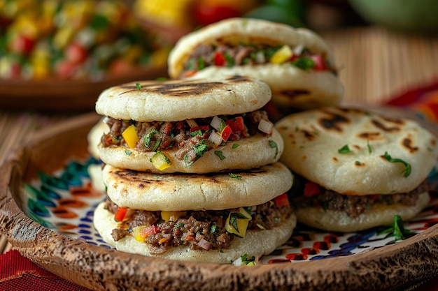 Photo bunch of arepas with filling on plate