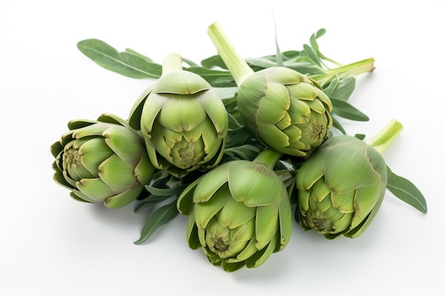 A bunch of artichokes on a white background