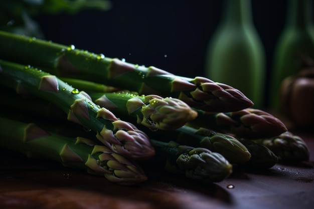 A bunch of asparagus sits on a table with a green bottle in the background.