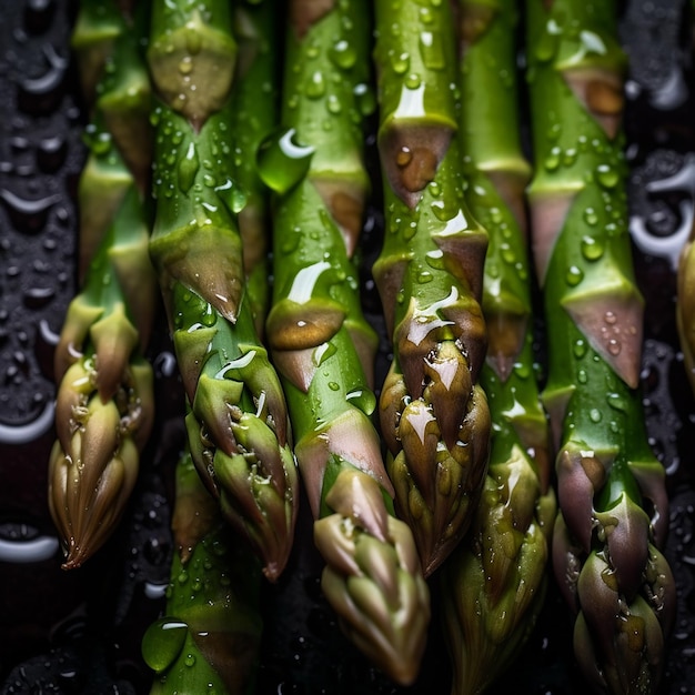 A bunch of asparagus with water droplets on them