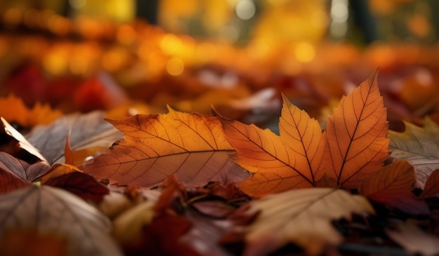 A bunch of autumn leaves are on display with the background behind them