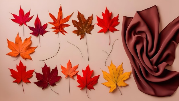 a bunch of autumn leaves are on a white surface