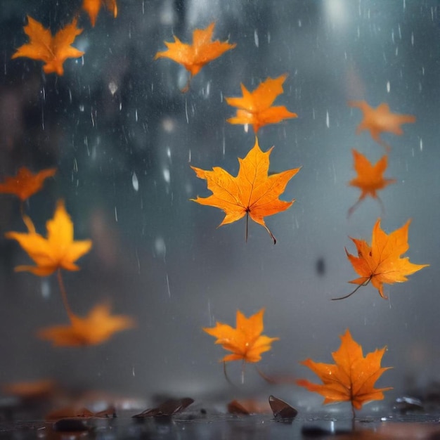 a bunch of autumn leaves in the rain with rain drops falling on them