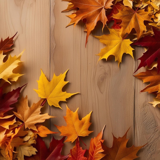 a bunch of autumn leaves on a table with a wooden background