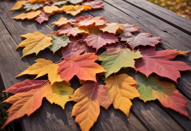 a bunch of autumn leaves on a table