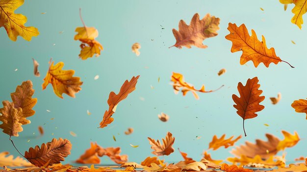 Photo a bunch of autumn leaves that are on a blue background