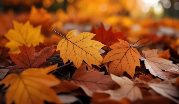 a bunch of autumn leaves that are on a table