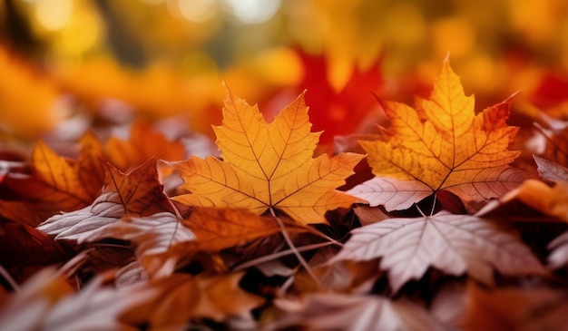 a bunch of autumn leaves that are on a table