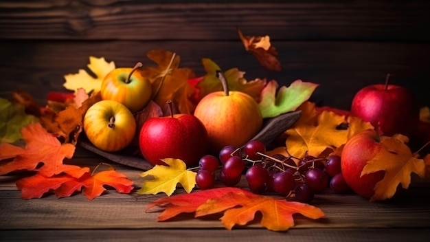 A bunch of autumn leaves on a wooden table