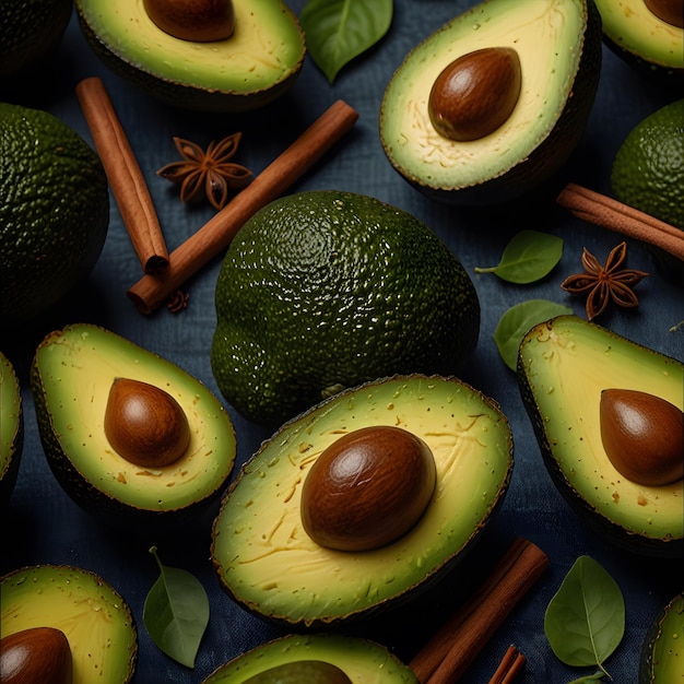 a bunch of avocados are on a blue surface