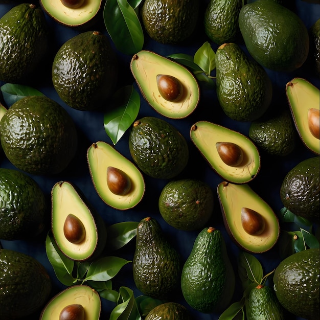 a bunch of avocados are stacked on a blue surface