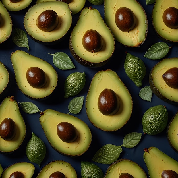 a bunch of avocados are stacked on a blue surface