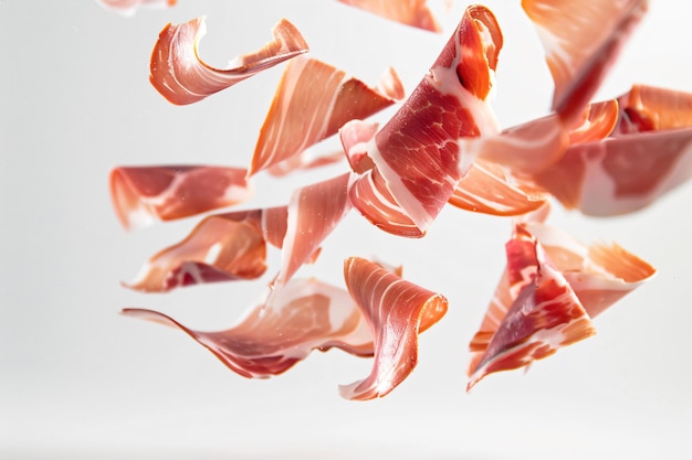 Photo a bunch of bacon pieces flying in the air