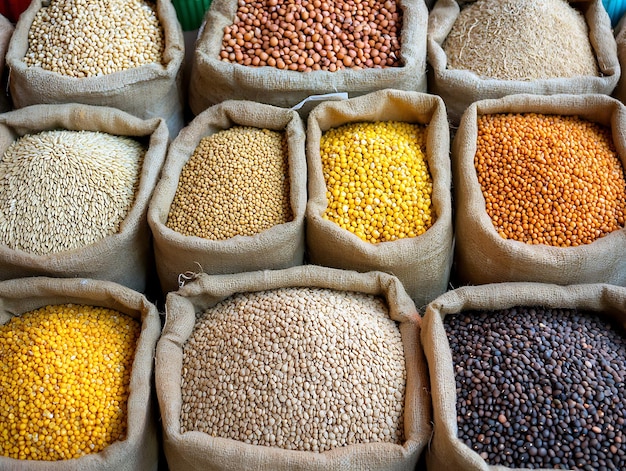 a bunch of bags of beans and grains are displayed