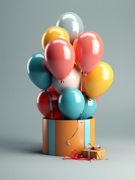 A bunch of balloons are in a box with a ribbon that says'happy birthday '